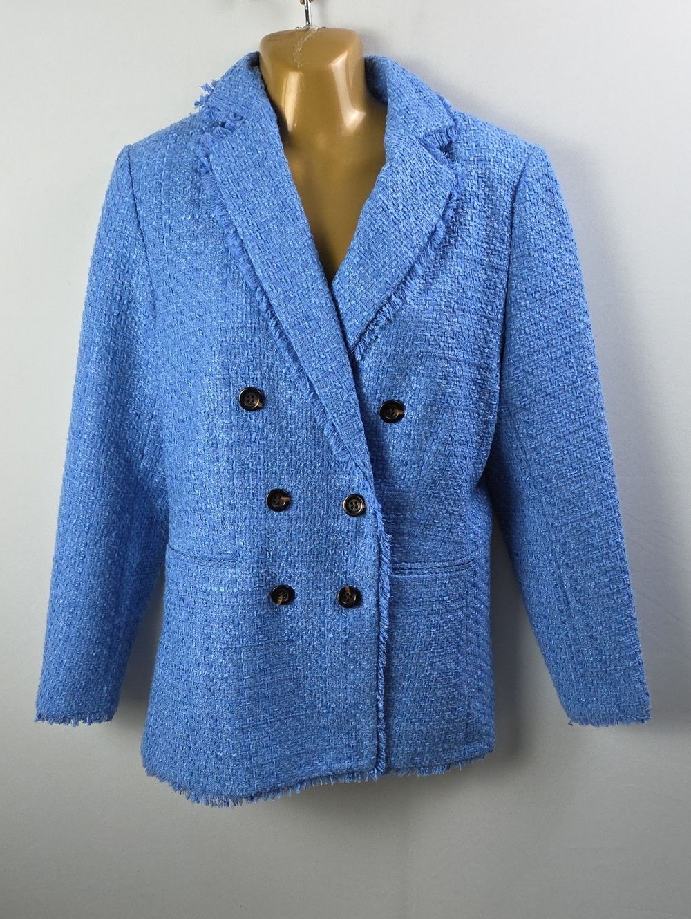 Ann Taylor Blue Fringe Tweed Double Breasted Blazer Jacket Sz 6 Euro Boho Chic